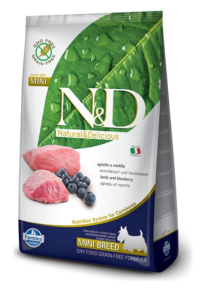 N-D Tahılsız Kuzu Etli Yaban Mersinli Küçük Irk Yetişkin Köpek Maması 2.5 kg