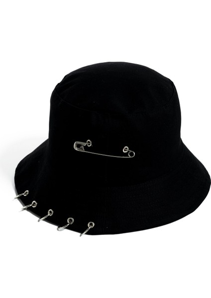 Siyah Piercing ve Çengelli Iğne Modelli Balıkçı Bucket Şapka
