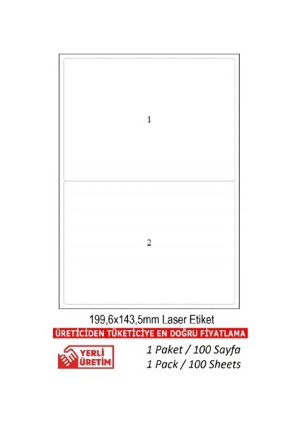 A1-2002 Ebat 199,6 x 143,5 mm Lazer Etiket  A4 Sayfada 2 Etiket 500 A4 Sayfa 1000 A5 Etiket