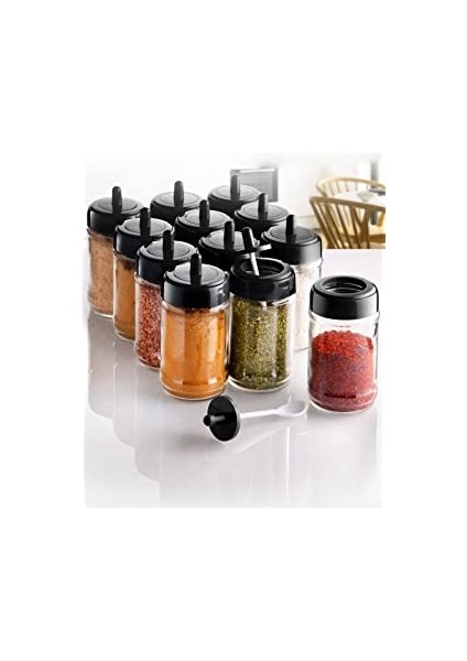 12 Adet Kapağı Kendinden Kaşıklı Baharatlık Seti - (300 Ml) Cam Kavanoz