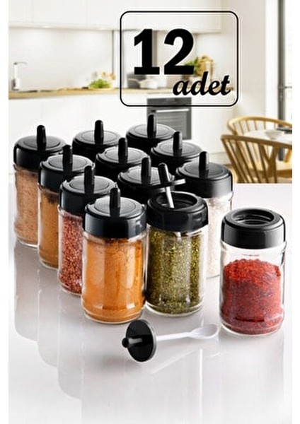 12 Adet Kapağı Kendinden Kaşıklı Baharatlık Seti - (300 Ml) Cam Kavanoz modelleri