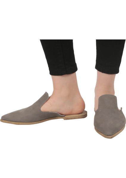 Gri Hakiki Nubuk Deri Gaziantep Sivri Burunlu Kösele Taban Yemeni Terlik