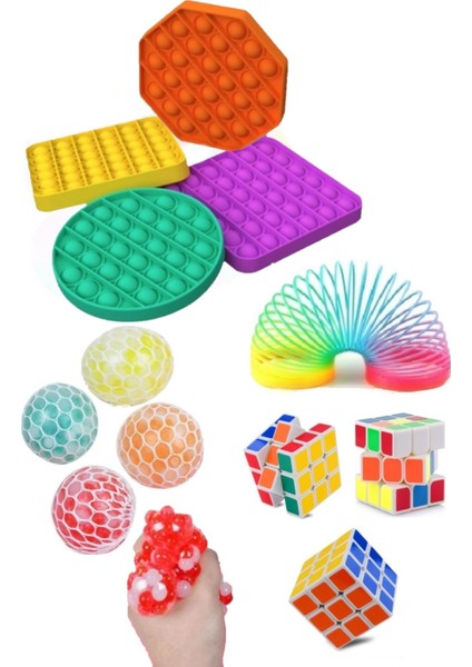 Stres Giderici Set 1 Popit 1 Rubik Zeka Küpü 1 Stres Yayı 1 Beyin Şekilli Stres Topu