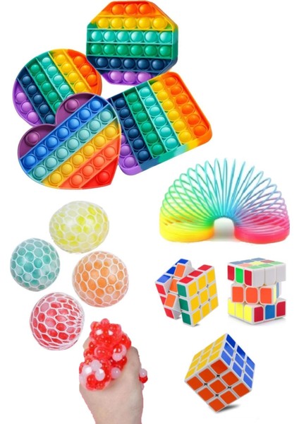 Stres Giderici Set 1 Popit 1 Rubik Zeka Küpü 1 Stres Yayı 1 Beyin Şekilli Stres Topu