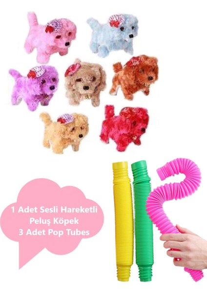 Sesli Hareket Eden Havlayan Oyuncak Peluş Köpek ve 3'lü Pop Tubes Popit Eğitici Set