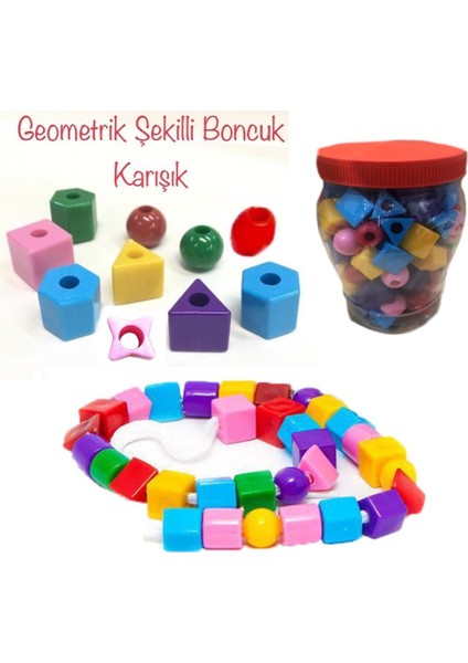 120 Parça Geometrik Şekiller Ipe Boncuk Dizme Koordinasyon Renk Algı Oyunu Büyük Boy Boncuk