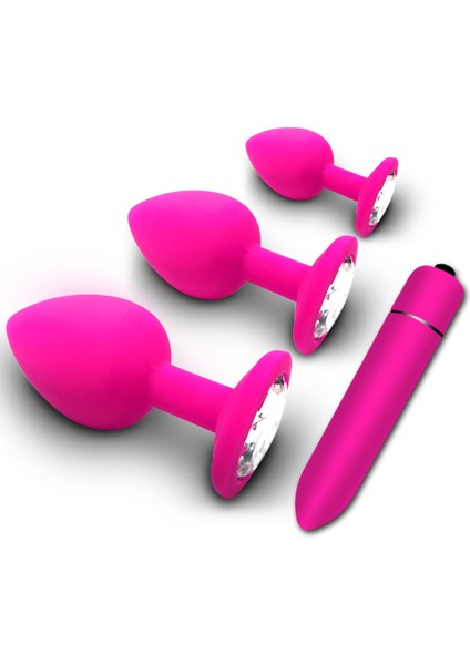Silikon Anal Tıpa Seti + Mini Vibratör   3 Boy Anal Alıştırma Tıpa Seti