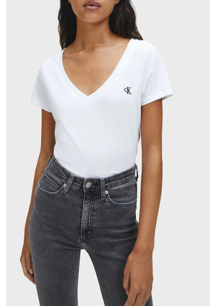 Kadın Ck Embro Badge V Yaka T-Shirt