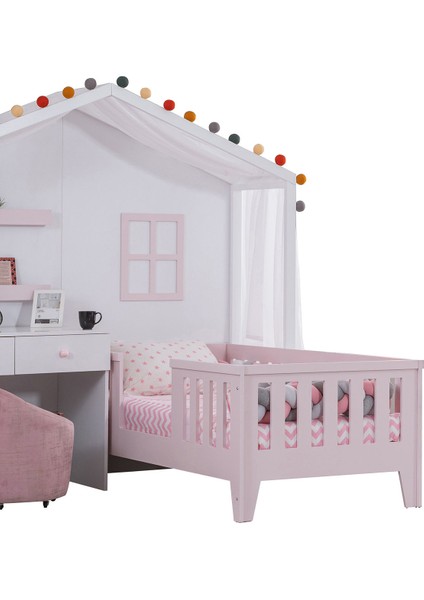 Montessori Yatak, Çeşme Çalışma Masalı Montessori Karyola - Pembe + 1 Adet Comfort Yatak