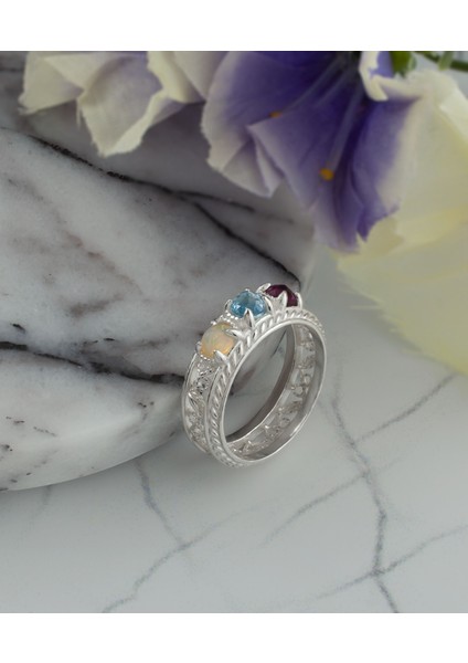 925 Ayar Otantik Telkari Doğal Turmalin Topaz ve Opal Taşlı Alyans Kadın Gümüş Yüzük fiyatları