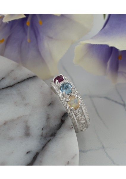 925 Ayar Otantik Telkari Doğal Turmalin Topaz ve Opal Taşlı Alyans Kadın Gümüş Yüzük modelleri