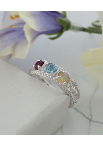 925 Ayar Otantik Telkari Doğal Turmalin Topaz ve Opal Taşlı Alyans Kadın Gümüş Yüzük fırsatları