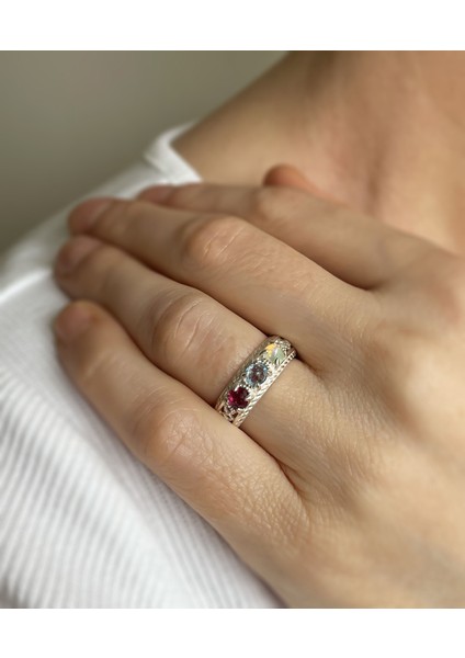 925 Ayar Otantik Telkari Doğal Turmalin Topaz ve Opal Taşlı Alyans Kadın Gümüş Yüzük indirimleri