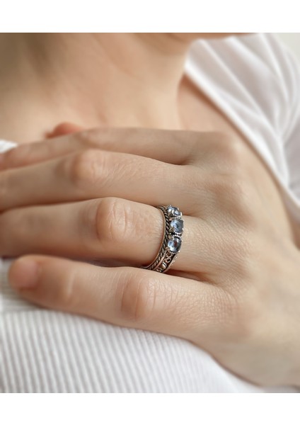 925 Ayar Otantik Telkari Doğal Mavi Kuvars Taşlı Alyans Kadın Gümüş El Işi Yüzük modelleri