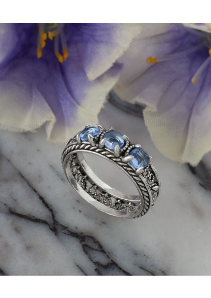 925 Ayar Otantik Telkari Doğal Mavi Kuvars Taşlı Alyans Kadın Gümüş El Işi Yüzük fırsatları
