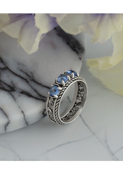 925 Ayar Otantik Telkari Doğal Mavi Kuvars Taşlı Alyans Kadın Gümüş El Işi Yüzük indirimleri