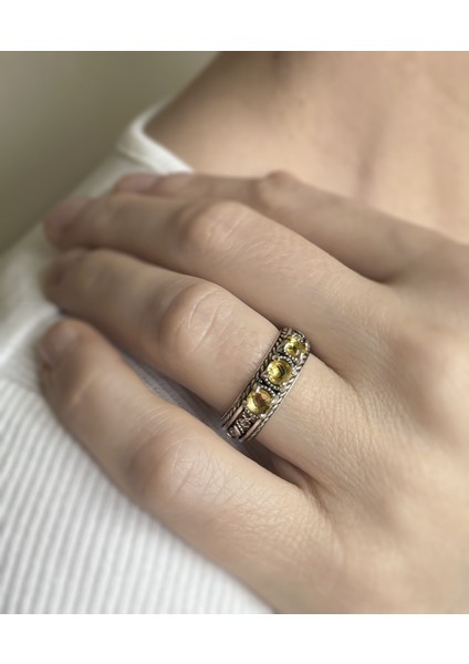 925 Ayar Otantik Telkari Doğal Sitrin Taşlı Alyans Kadın Gümüş Yüzük, El Işçiliği fiyatları