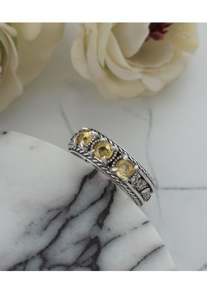 925 Ayar Otantik Telkari Doğal Sitrin Taşlı Alyans Kadın Gümüş Yüzük, El Işçiliği fırsatları