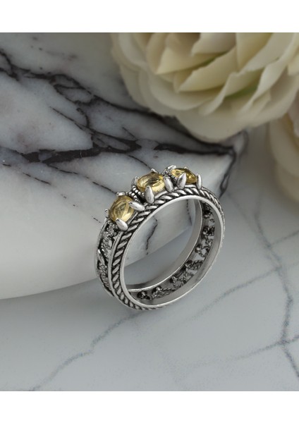 925 Ayar Otantik Telkari Doğal Sitrin Taşlı Alyans Kadın Gümüş Yüzük, El Işçiliği indirimleri