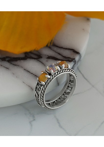 925 Ayar Otantik Telkari Doğal Opal Taşlı Alyans Kadın Gümüş Yüzük, El Işçiliği