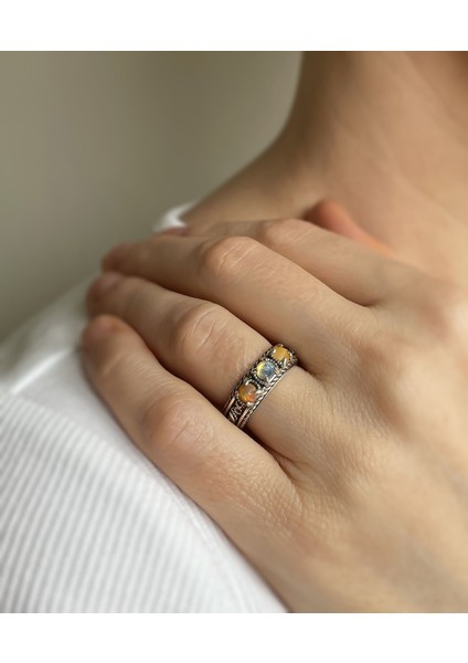 925 Ayar Otantik Telkari Doğal Opal Taşlı Alyans Kadın Gümüş Yüzük, El Işçiliği fiyatları