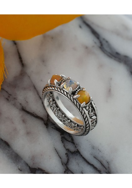 925 Ayar Otantik Telkari Doğal Opal Taşlı Alyans Kadın Gümüş Yüzük, El Işçiliği modelleri