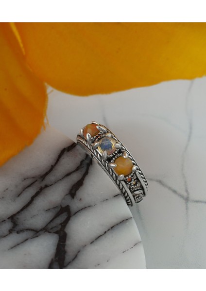 925 Ayar Otantik Telkari Doğal Opal Taşlı Alyans Kadın Gümüş Yüzük, El Işçiliği fırsatları