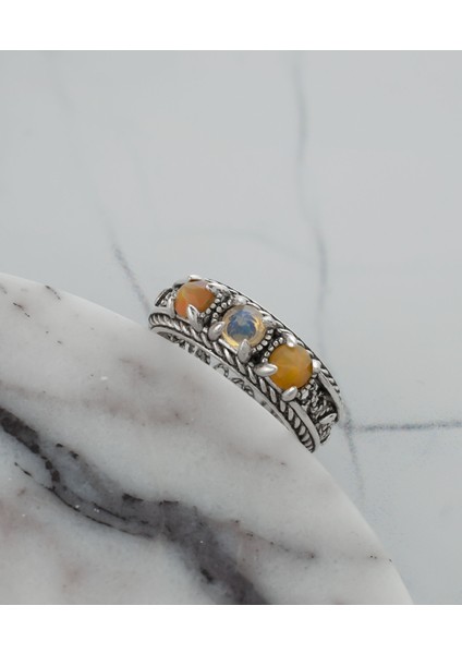 925 Ayar Otantik Telkari Doğal Opal Taşlı Alyans Kadın Gümüş Yüzük, El Işçiliği indirimleri