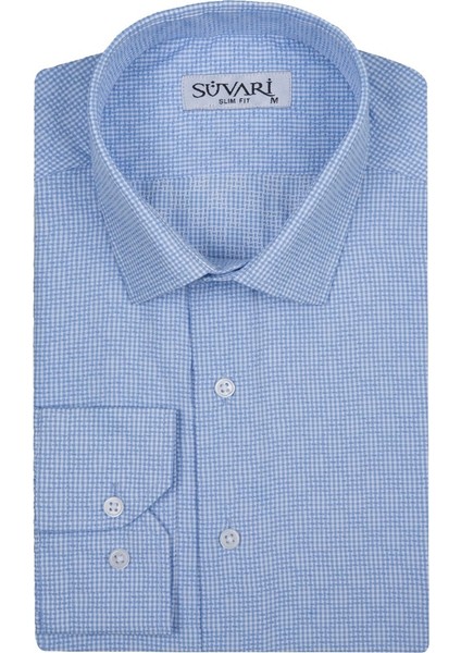 Slim Fit Armür Desenli Mavi Erkek Gömlek