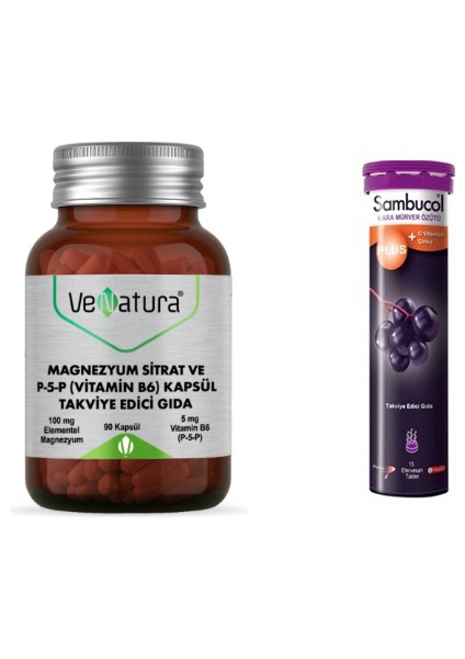 Magnezyum SITRAT,P5P ( B6) 90 Kapsül + Sambucol Kara Mürver + C Çinko 15 Tablet