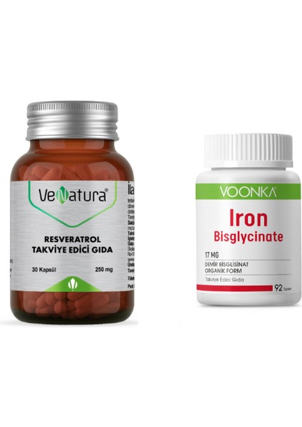 Resveratrol 250 Mg 30 Kapsül + Demir Bisglisinat 92 Tablet