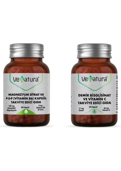 Demir Bisglisinat ve C 90 Kapsül + Magnezyum Sitrat ve P5P (Vitamin B6) 90 Kapsül