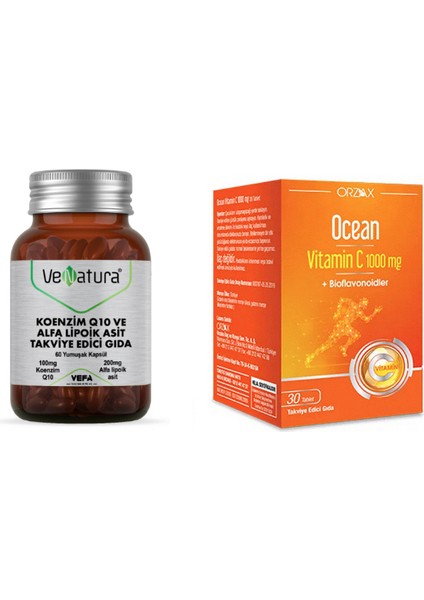 Koenzim Q10, Alfa Lipoik Asit 60 Kapsül + C 1000 Mg 30 Tablet
