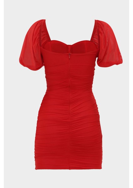 Balenli Drape Detaylı Likralı Tül Elbise modelleri