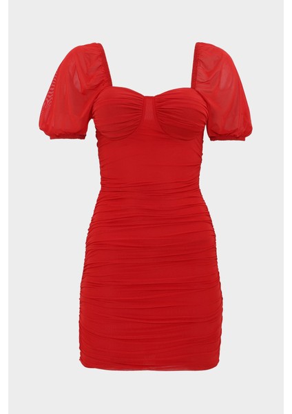 Balenli Drape Detaylı Likralı Tül Elbise