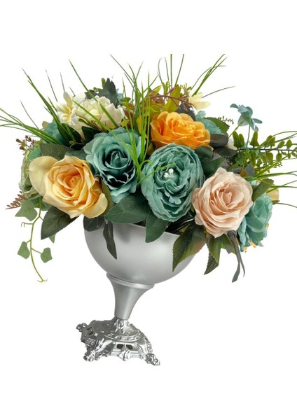 Yapay Çiçek ve Latex Aranjmanı Metal Gümüş Renk Vazolu Masa Üstü Çiçeği Arajman fiyatları