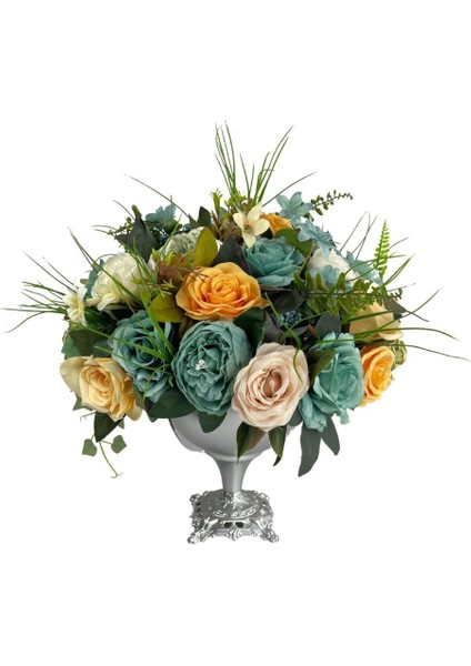 Yapay Çiçek ve Latex Aranjmanı Metal Gümüş Renk Vazolu Masa Üstü Çiçeği Arajman fırsatları