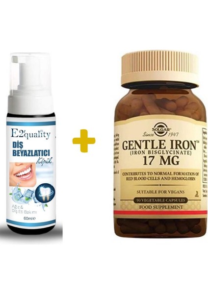 E2'quality Diş Beyazlatıcı Köpük + Solgar Gentle Iron 17 Mg 90 V-Kapsül