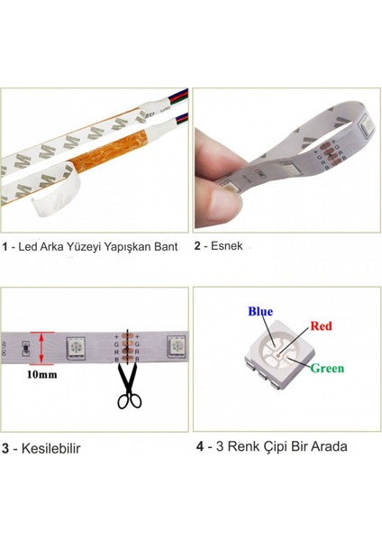 5 Metre Rgb Çok Renkli Şerit LED 12 Volt