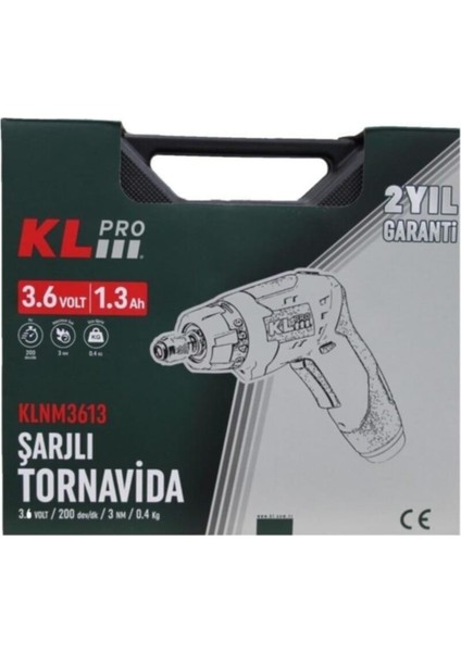 KLNM3613 3.6VOLT /1,3AH Li-Ion Şarjlı Tornavida + 45 Parça Vidalama Ucu