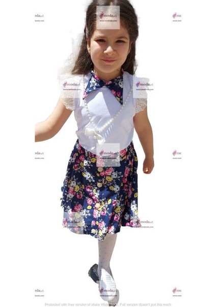 Dantelli Kolyeli Çiçek Desenli Kız Çocuk Etekli Kombin - Siyah fiyatları