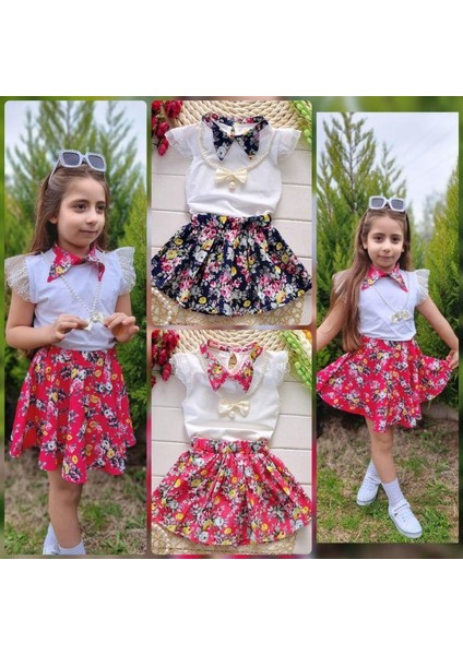 Dantelli Kolyeli Çiçek Desenli Kız Çocuk Etekli Kombin - Siyah modelleri