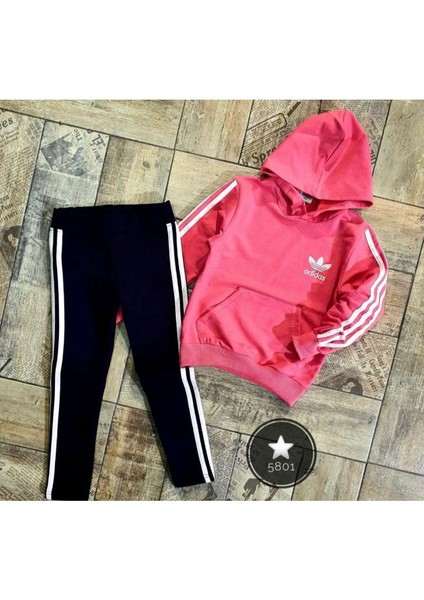 Adidas Nakişli Kapişonlu Kanguru Cepli Taytli Kiz Çocuk Eşofman Takimi - Pembe