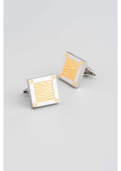 Gold Detaylı Klasik 18 Ayar Beyaz Altın Kaplama Gümüş Erkek Kol Düğmesi