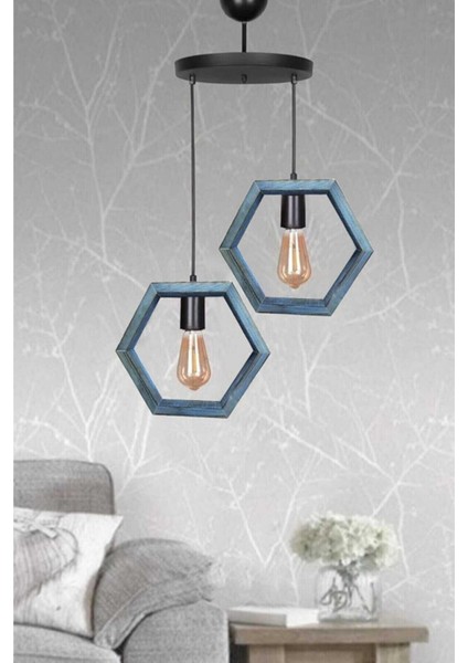 Mavi Boyalı Ahşap 2li Hexagon Avize