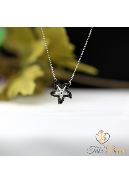 Siyah Taşlı Deniz Yıldızı Gümüş Kolye