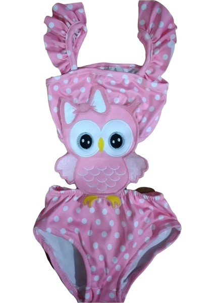 Baykuş Baskılı Pembe Kız Bebek Çocuk Mayokini