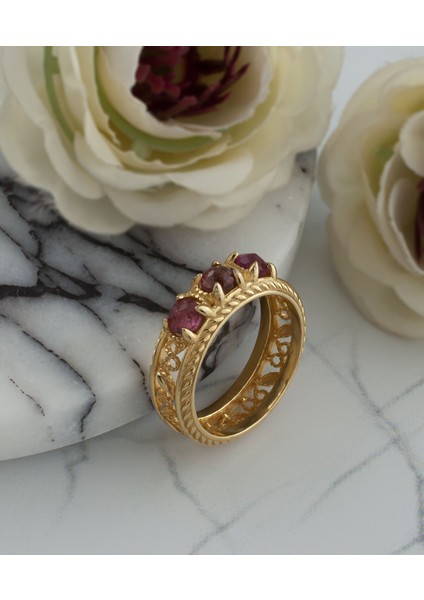 925 Ayar Altın Kaplama Otantik Telkari Turmalin Taşlı Alyans Kadın Gümüş Yüzük