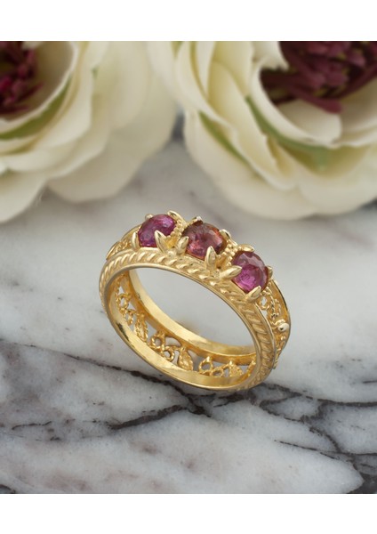 925 Ayar Altın Kaplama Otantik Telkari Turmalin Taşlı Alyans Kadın Gümüş Yüzük fiyatları