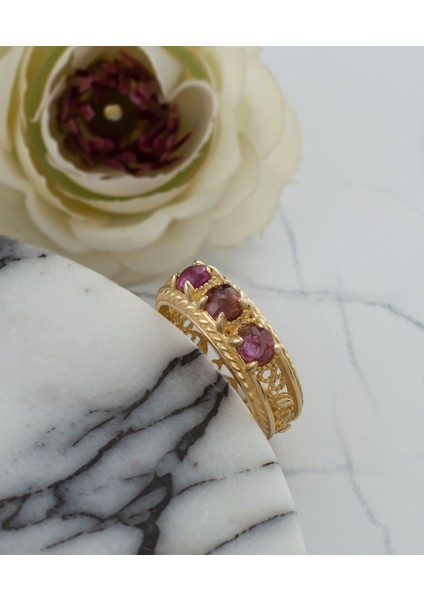 925 Ayar Altın Kaplama Otantik Telkari Turmalin Taşlı Alyans Kadın Gümüş Yüzük fırsatları